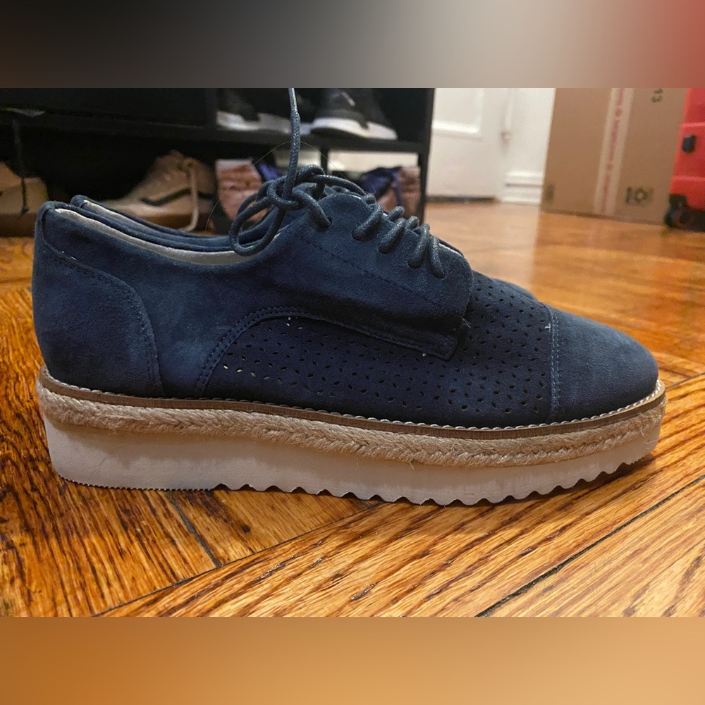 Blue suede platforms with espadrille wrap